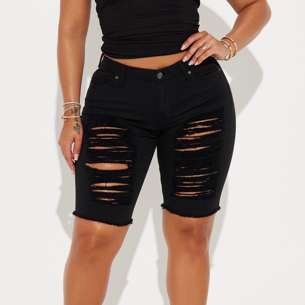 Distressed Black Denim Bermuda Shorts
